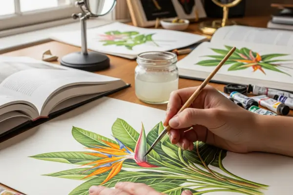 O uso de aquarela botânica para pintar ilustrações científicas de plantas raras.