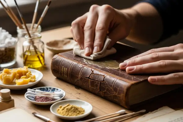 Restauração de livros antigos em capa de couro com técnicas de conservação caseiras